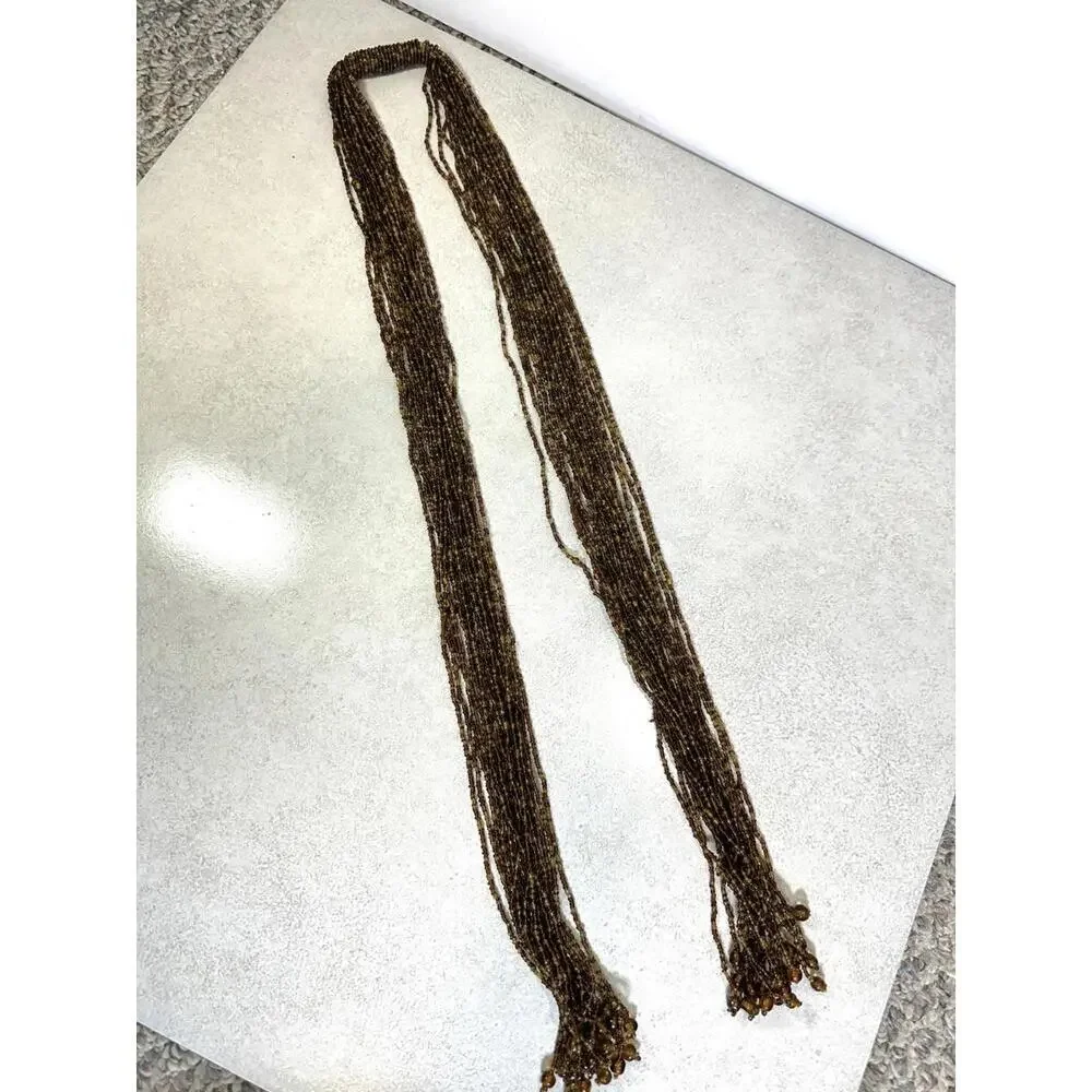 VTG 50” Multi Strand Brown Amber Glass Bead Tassel Necklace Boho